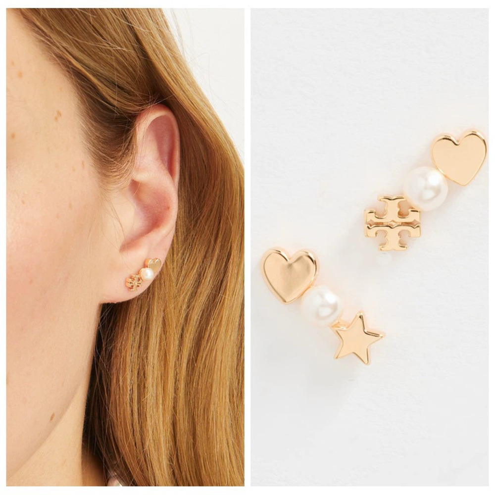 Tory Burch Faux Pearl Heart and Star Asymmetrical Ear Climber